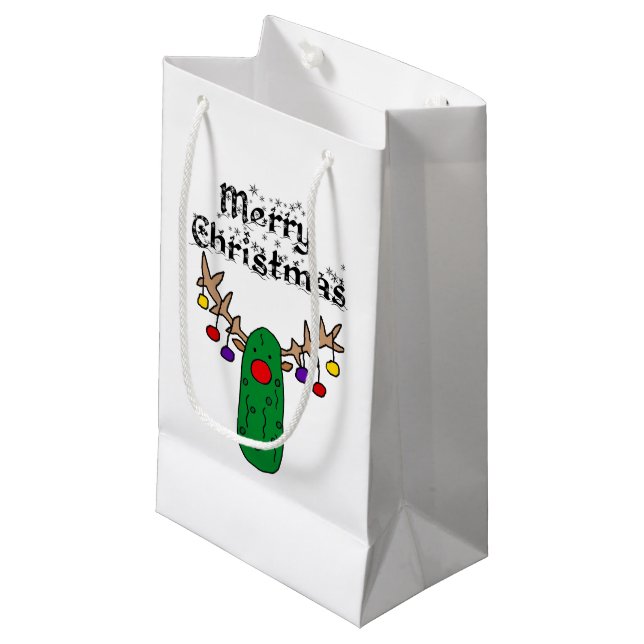 Funny Pickle Rentier Frohe Weihnachten Kunst Kleine Geschenktüte (Vorderseite Schrägansicht)