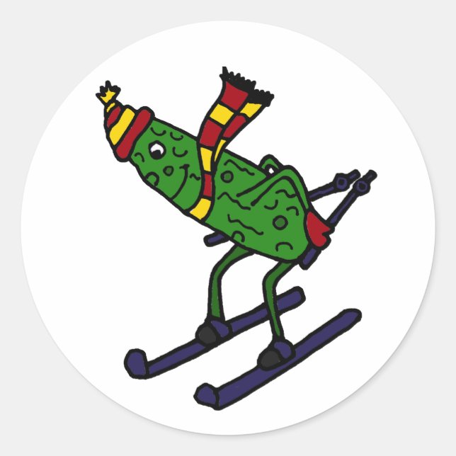 Funny Pickle Skiing Cartoon Runder Aufkleber (Vorderseite)