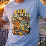 Funny Pickleball Dink Responsibly Paddle Player T-Shirt<br><div class="desc">Serve up laughs on and off the court with this bootleg retro 70s style “Dink Responsibly” pickleball shirt. Featuring vintage-inspired pickleball paddles and balls in a groovy distressed design, this funny pickleball tee is perfect for players who love the game and a good sense of humor. A must-have gift for...</div>