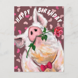 Funny Pig Birthday Card Piggy Gentleman mit Rose Postkarte
