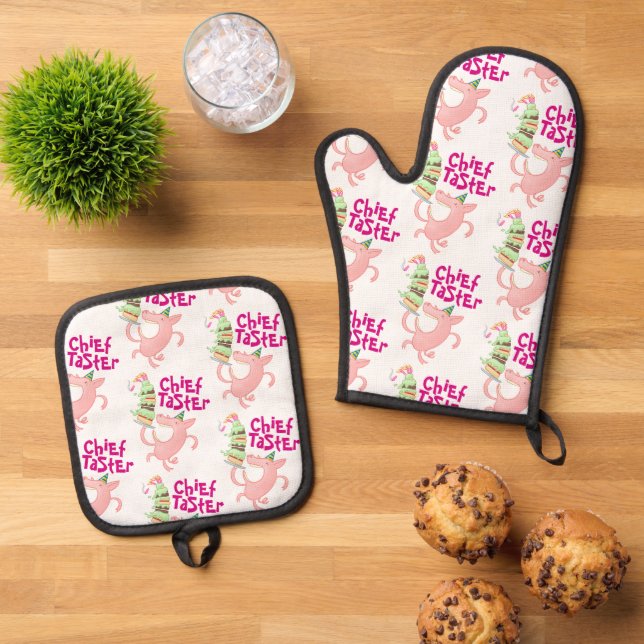 Funny Pig Chief Taster Giga Layer Cake Cartoon Ofenhandschuh & Topflappen-Set (Oben Unten)
