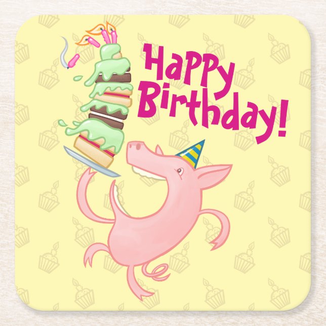 Funny Pig Happy Geburtstag! Riesenkuchen-Cartoon Rechteckiger Pappuntersetzer (Vorderseite)