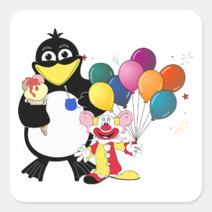 Funny Pinguin & Clown Cartoon Quadratischer Aufkleber