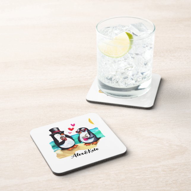 Funny Pinguin Couple, Tiere in Liebe Getränkeuntersetzer (Rechte Seite)