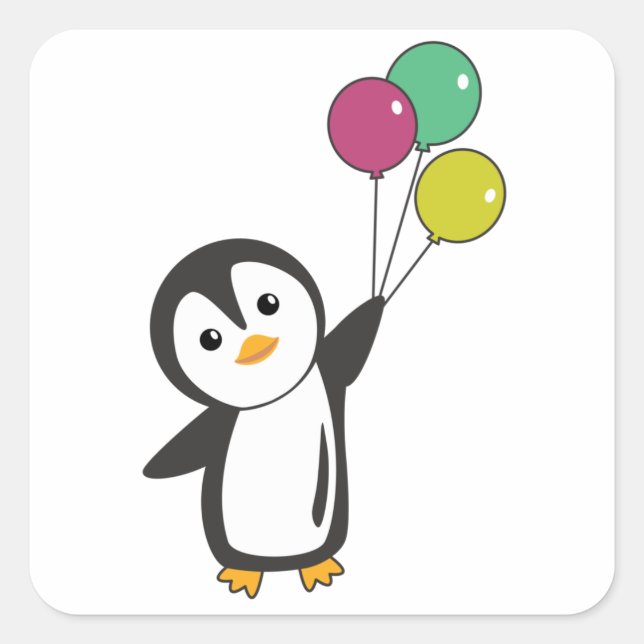 Funny Pinguin fliegt mit Balloons auf Quadratischer Aufkleber (Vorderseite)