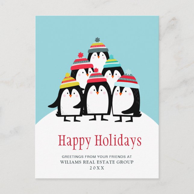 Funny Pinguins Weihnachts Unternehmensgrüße Feiertagspostkarte (Vorderseite)
