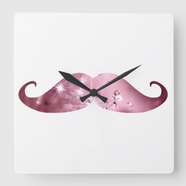 Funny Pink Bling Mustache Quadratische Wanduhr (Vorderseite)