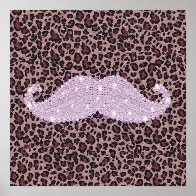 Funny Pink Bling Mustache und Animal Print Muster Poster (Vorne)
