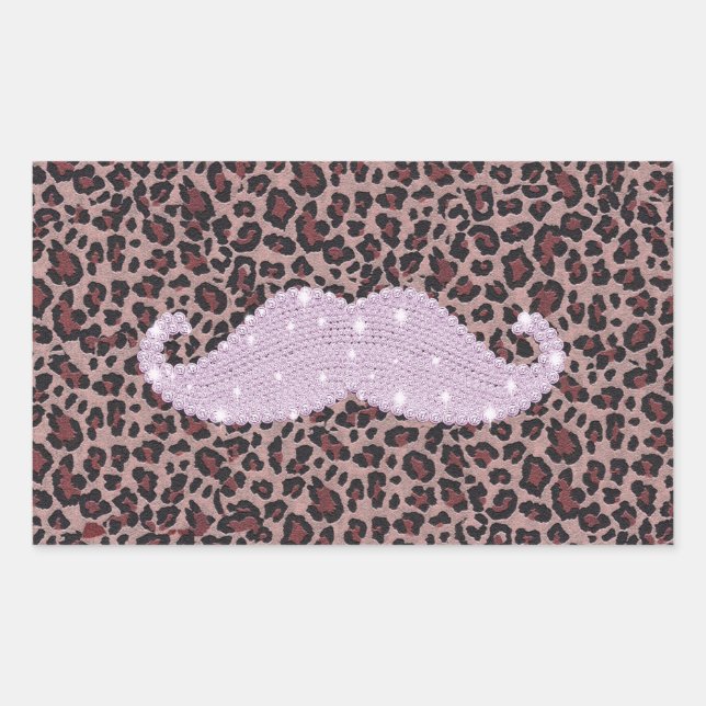 Funny Pink Bling Mustache und Animal Print Muster Rechteckiger Aufkleber (Vorderseite)