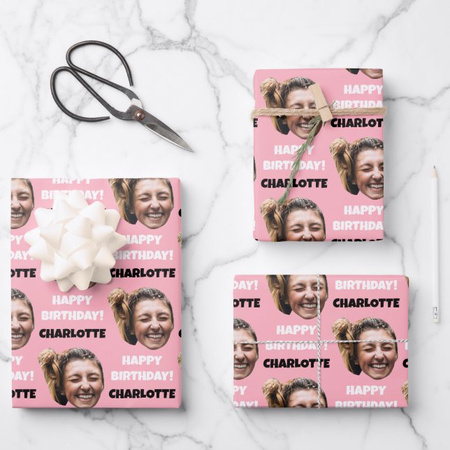 Funny Pink Custom Face Foto Happy Birthday Geschenkpapier Set (Vorderseite)