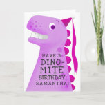 Funny Pink Dinosaur Kids Birthday Karte<br><div class="desc">Funny and cute birthday card for a special girl! Cartoon Style illustration of a pink dinosaur. The t rex is wearing a tiny pink princess party hat. Wir sind body there is a text that says "Have a DINO-MITE birthday" You can add the birthday girl's name under that. Text is...</div>