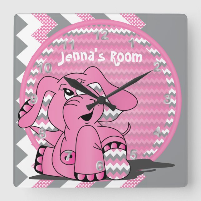 Funny Pink Elephant on Chevron Background Quadratische Wanduhr (Vorderseite)