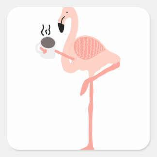 Funny Pink Flamingo Drink Coffee Quadratischer Aufkleber