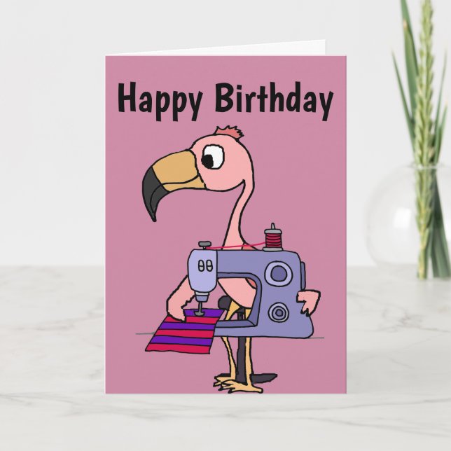 Funny Pink Flamingo mit Nähmaschine Karte (Vorderseite)