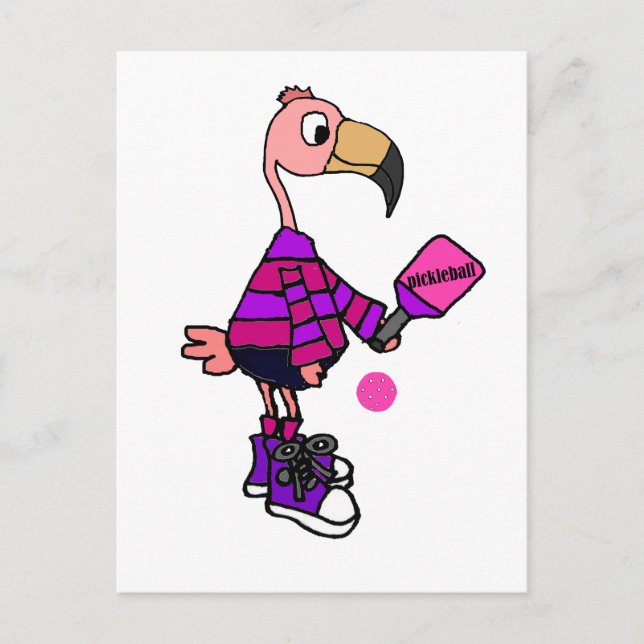 Funny Pink Flamingo Playing Pickleball Cartoon Postkarte (Vorderseite)