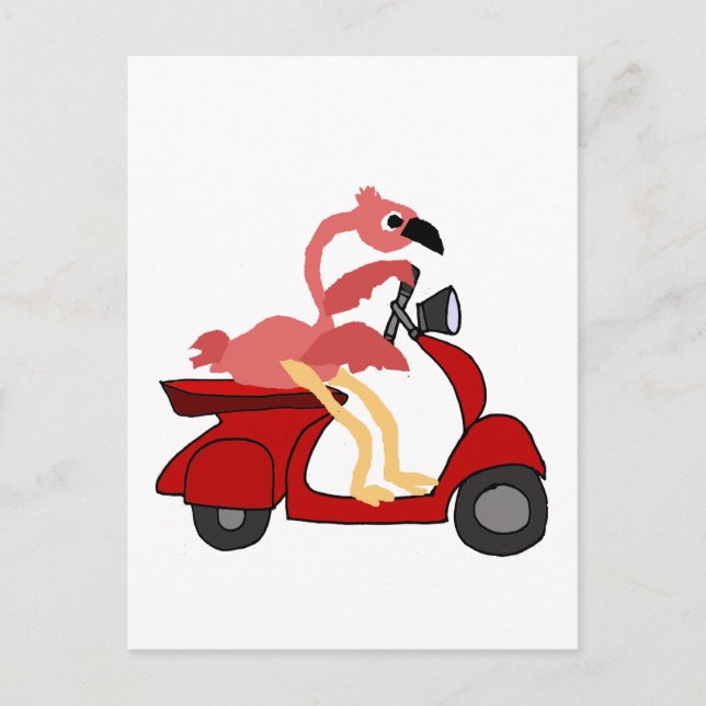 Funny Pink Flamingo Riding Motor Scooter Postkarte (Vorderseite)