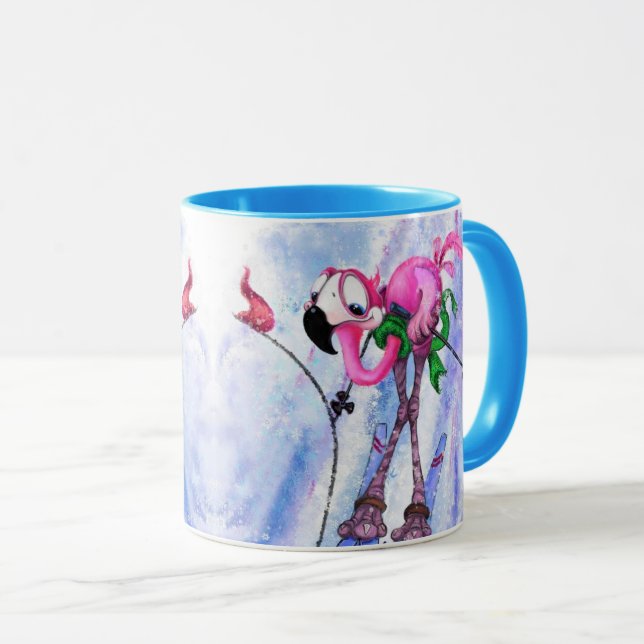 Funny Pink Flamingo Skier - Cartoon Zeichnend Comi Tasse (VorderseiteRechts)