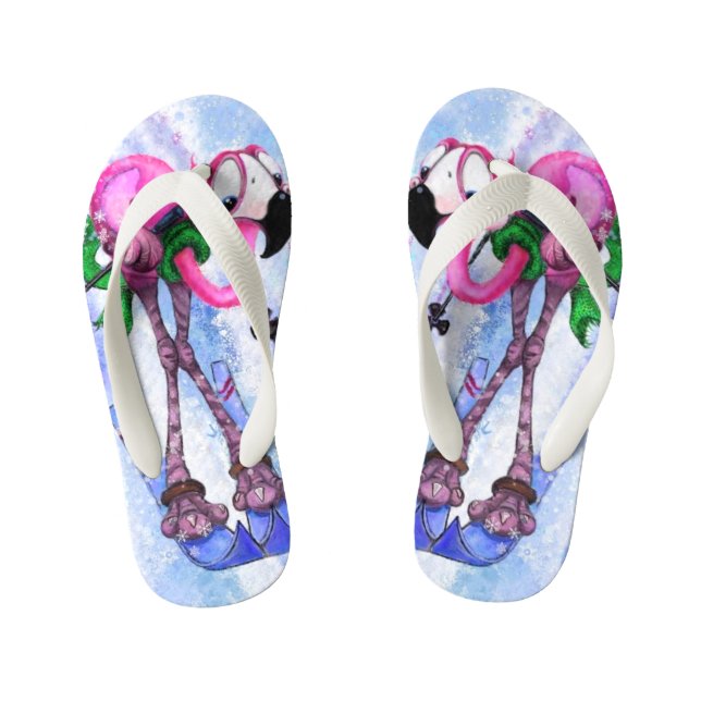Funny Pink Flamingo Skier Kid's Flip Flops (Fußbett)