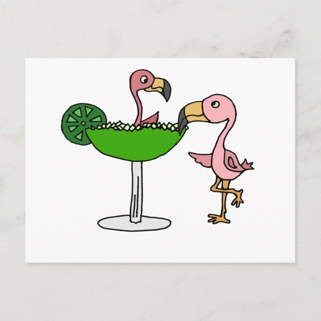 Funny Pink Flamingo und Margarita Postkarte (Vorderseite)