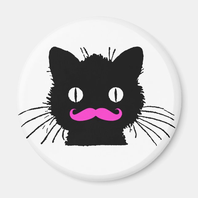 FUNNY PINK MUSTACHE BLACK CAT MAGNET (Vorne)