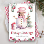 Funny Pink Snowman Kids Foto Face Face Weihnachten<br><div class="desc">Lassen Sie sich von dieser lustigen Weihnachtskarte mit einem niedlichen Schneemann verzaubern. Ein lustiger Sake für Freunde und Familie. Fügen Sie einfach Ihren Text in diese leicht zu bedienende Vorlage ein und personalisieren Sie diese Karte mit Ihren bevorzugten Fotos,  um sie zu einer einmaligen Urlaubskarte zu machen.</div>