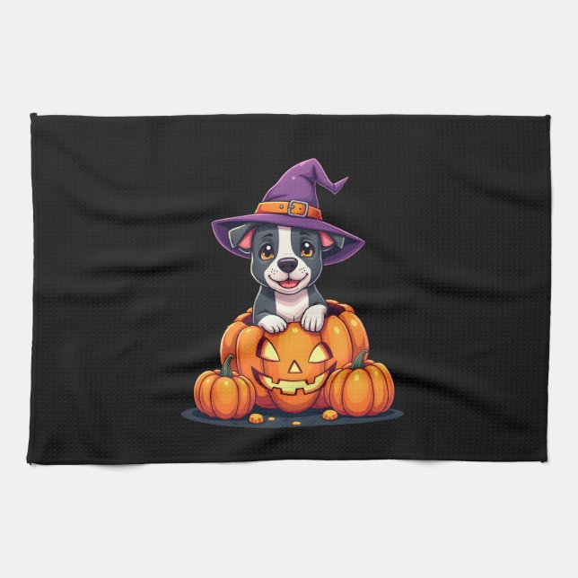 Funny Pitbull Witch Pumpkin Dog Halloween Mens Wom Geschirrtuch (Horizontal)