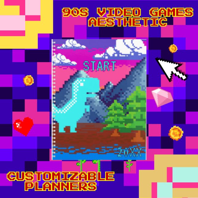 Funny Pixel Gamer Pixelated- Dinosaur Illustration Planer (This funny nostalgic design features pixel art of a Dinosaur in naturen.I've used a pop color palett)