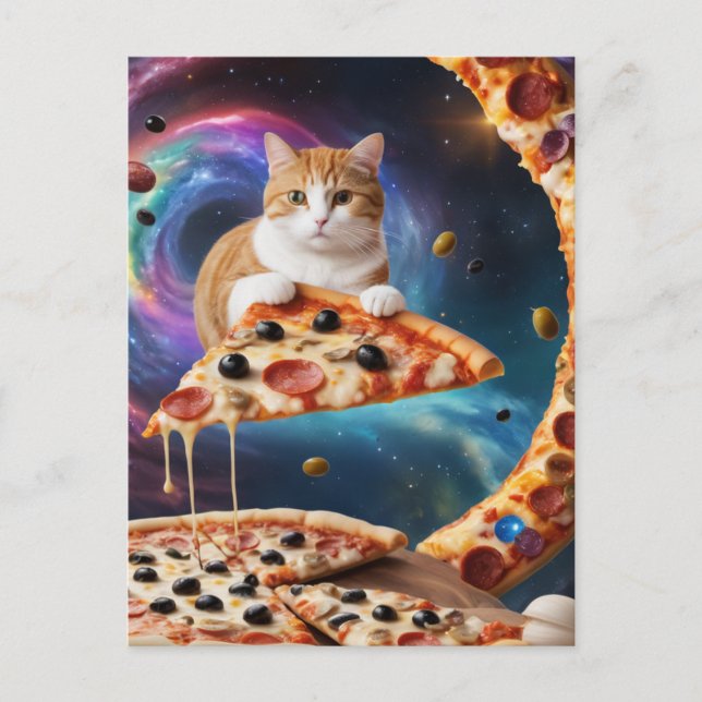 Funny Pizza Cat im Weltraum Postkarte (Vorderseite)
