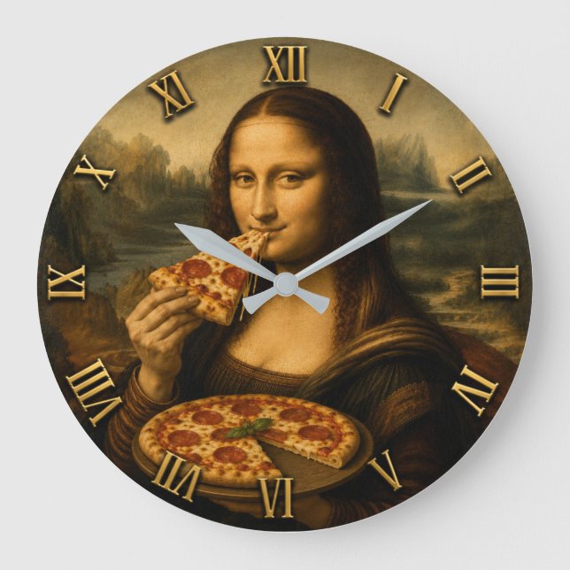 Funny Pizza Mona Lisa Große Wanduhr (Vorderseite)