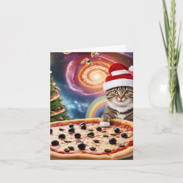 Funny Pizza Santa Cat Weihnachten Karte (Vorderseite)