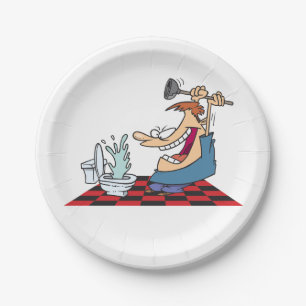 Funny Plumber entsperrt Toilette Pappteller