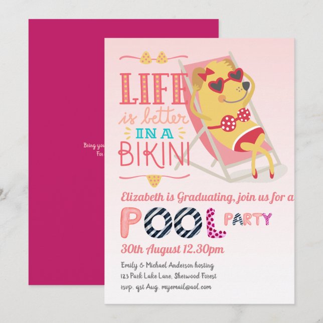 Funny POOL PARTY Rosa Abschluss Girls Einladung (Vorne/Hinten)