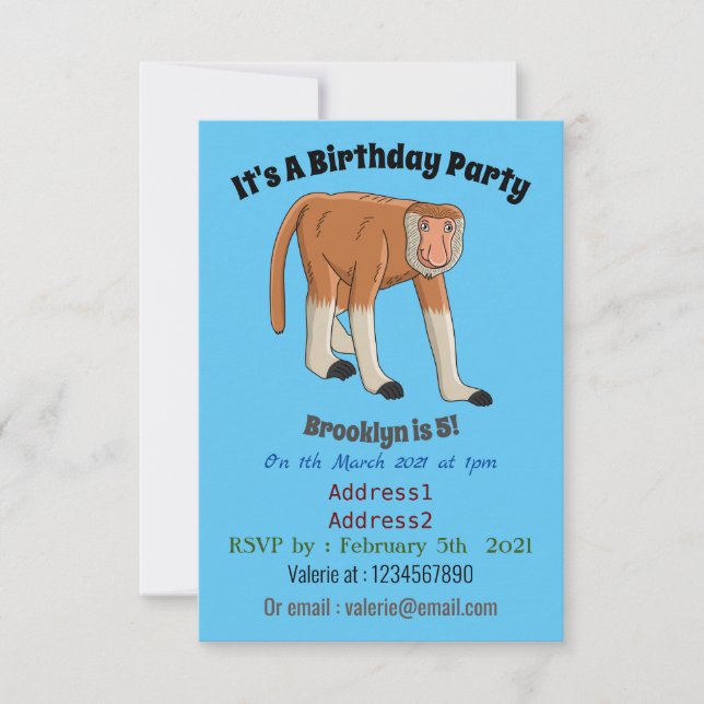 Funny proboscis Affe Cartoon Illustration Einladung (Vorderseite)