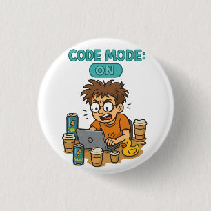 Funny Programmer Cartoon mit "Code Mode: ON" Button