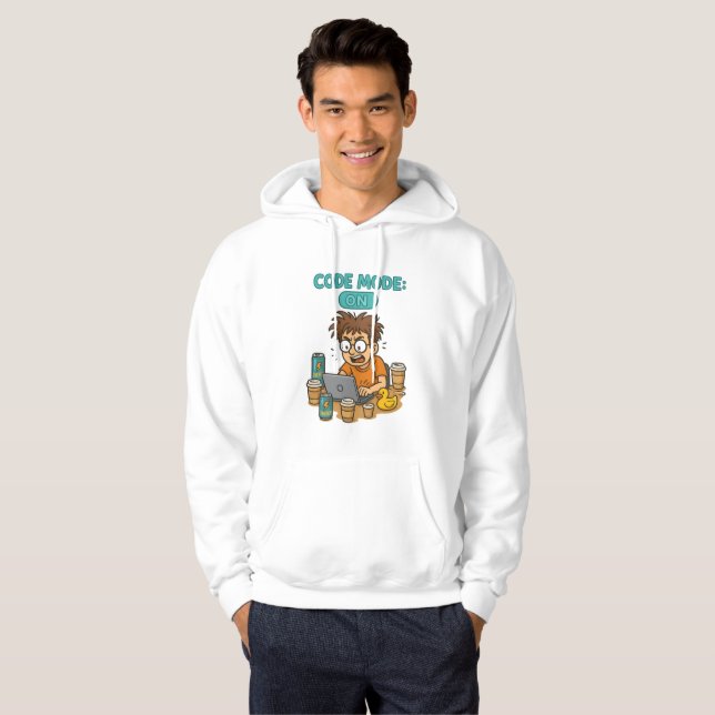 Funny Programmer Cartoon mit "Code Mode: ON" Hoodie (Vorne ganz)