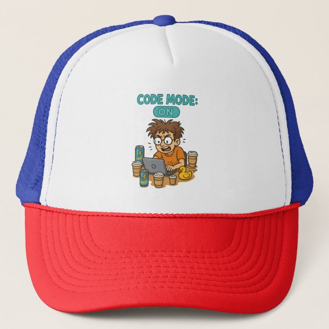 Funny Programmer Cartoon mit "Code Mode: ON" Truckerkappe (Vorderseite)