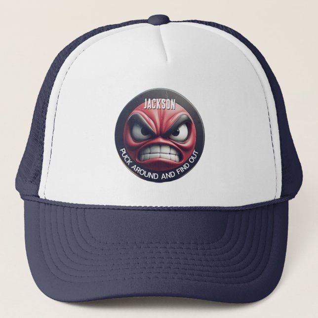 Funny Puck Rund um und erforsche den wütenden Puck Truckerkappe (Vorderseite)