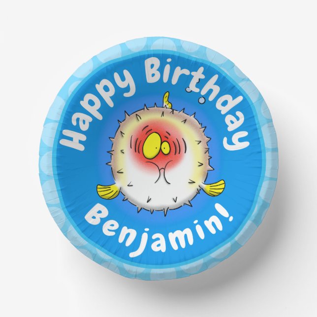 Funny Puffer Fish porcupfish Cartoon Pappteller (Vorderseite)