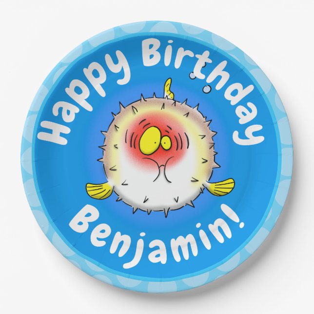 Funny Puffer Fish porcupfish Cartoon Pappteller (Vorderseite)