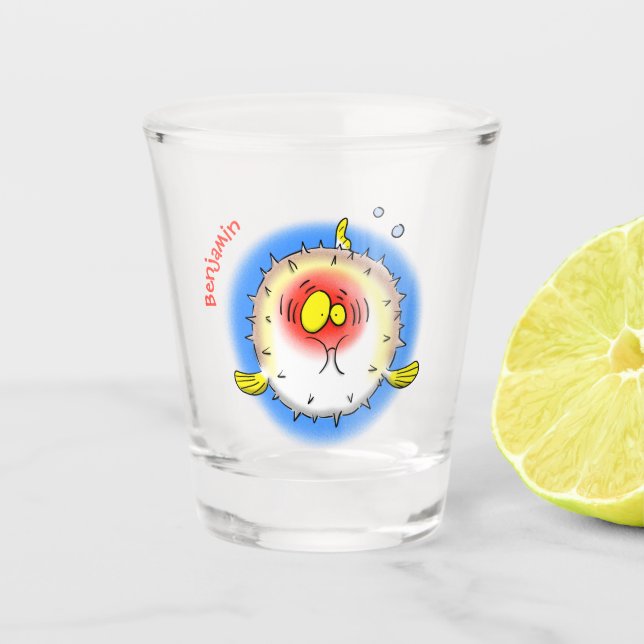 Funny Puffer Fish porcupfish Cartoon Schnapsglas (Vorderseite)