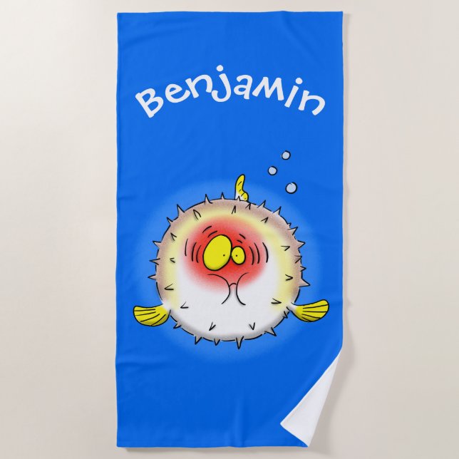 Funny Puffer Fish porcupfish Cartoon Strandtuch (Vorderseite)