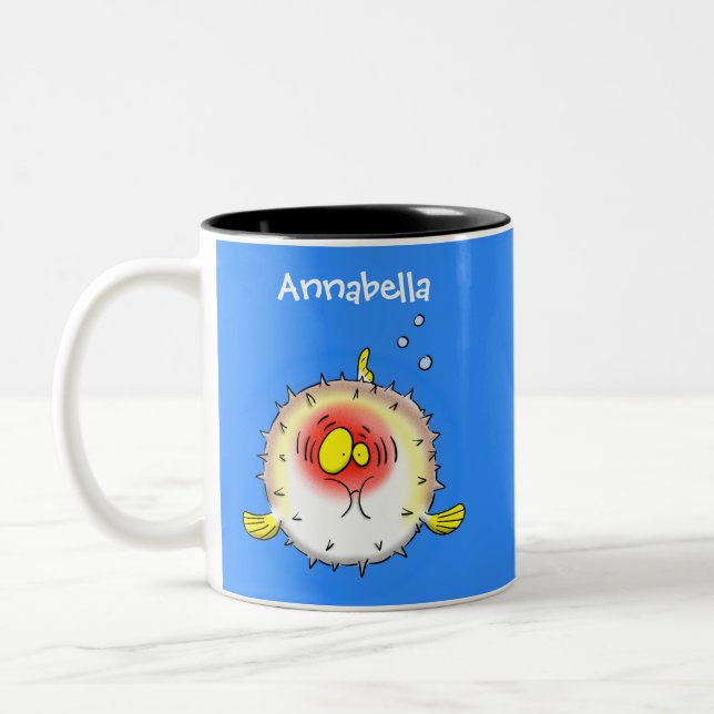 Funny Puffer Fish porcupfish Cartoon Zweifarbige Tasse (Links)