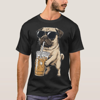 Funny Pug Dog Drinking Iced Coffee with Sunglasses T-Shirt