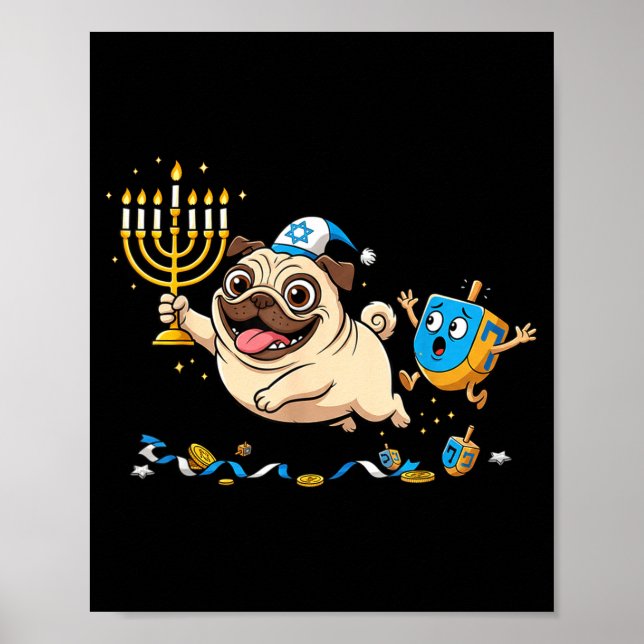 Funny Pug Dreidel Menorah Hanukkah Kids Womens Men Poster (Vorne)
