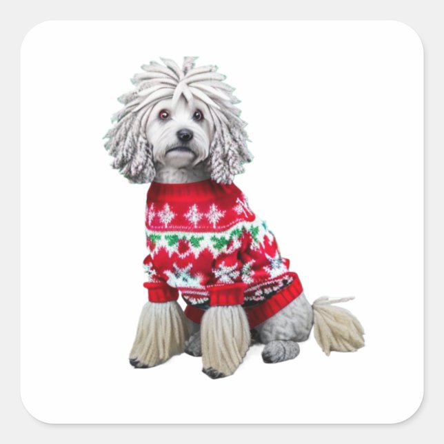 Funny Puli in Weihnachts-Sweater Quadratischer Aufkleber (Vorderseite)
