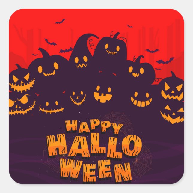 Funny Pumphins Bats Red Backround Happy Halloween Quadratischer Aufkleber (Vorderseite)