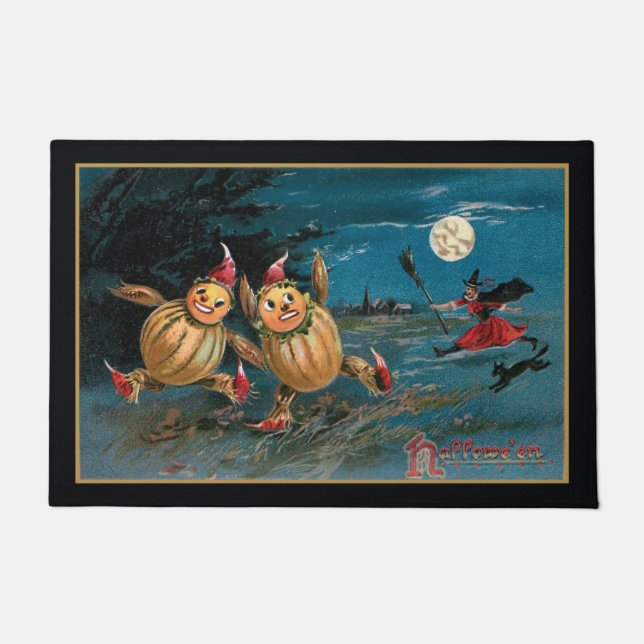 Funny Pumpkin People gejagt von Halloween Hexe Fußmatte (Vorderseite)