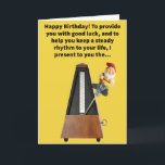Funny Pun Metrognome Happy Birthday Karte<br><div class="desc">Wer möchte ihr Leben nicht in gutem Rhythmus behalten, während man viel Glück bootet? Es ist gut zu wissen, dass Gnome Ihre Heimat sein können! Genießen Sie diese lustige Wortspielkarte!</div>