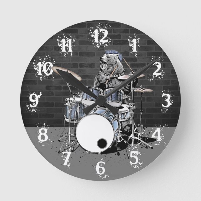 Funny Punk Rock Drummer Bear Playing Drums Rocker Runde Wanduhr (Vorderseite)