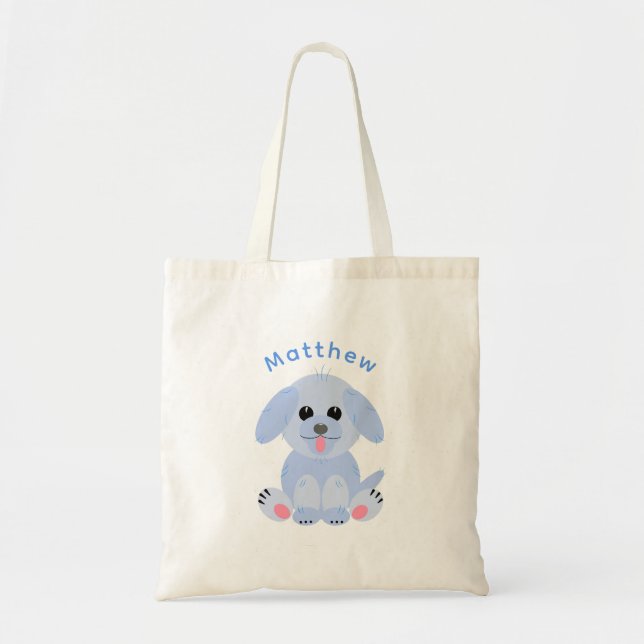 Funny Puppy Dog Cartoon Blue Pastel Personalisiert Tragetasche (Vorne)